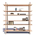 Modern Wooden Etagere With Decorative Vase Teacups Books And Storage Boxes