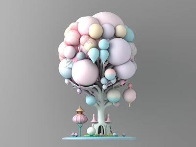 Pastel Colored Balloon Tree Sculpture With Mini Castle And Tower Base 3d model
