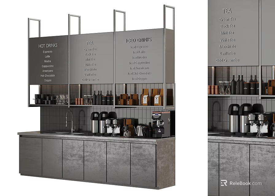 Modern Café Interior With Bar Counter Menu Board Coffee Appliances And Gray Cabinets 3d model 