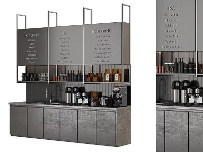 Modern Café Interior With Bar Counter Menu Board Coffee Appliances And Gray Cabinets 3d model
