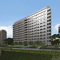 Modern Urban Residential Building Exterior With Greenery Pathways And Pedestrians