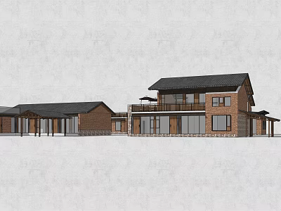 Traditional Two Story Homestay Building With Gabled Roof And Wooden Balcony 3d model