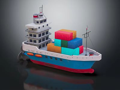 Container Ship Model With Colorful Containers On Deck And Reflective Surface 3d model