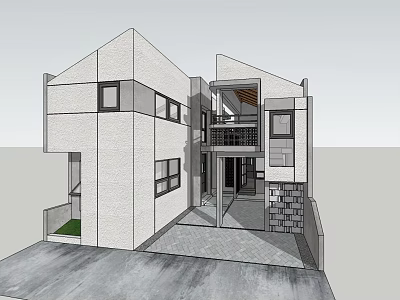 Modern Detached House Exterior With Geometric Design Large Windows And Patio 3d model