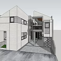 Modern Detached House Exterior With Geometric Design Large Windows And Patio