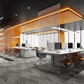 Modern Open Public Office Space Featuring Glass Partitions Orange Ceiling Large Windows And Computers 3d model