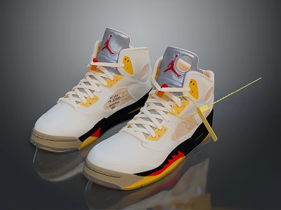White High Top Jordan Sneakers With Yellow Red Accents And Decorative Details 3d model