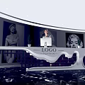 Modern White Curved Reception Desk With Marble Floor And Portrait Paintings