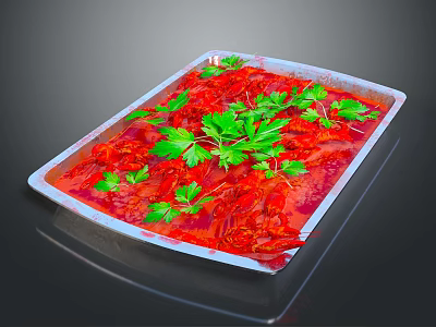 Fresh Red Crayfish Topped with Green Parsley Served on White Rectangular Tray 3d model