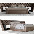 Modern Upholstered Double Bed With Tufted Brown Headboard And White Nightstands 3d model