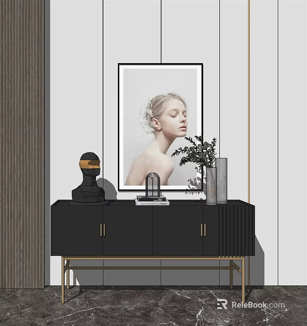 Black Console Table With Gold Legs Sculpture Picture Frame Vase Green Plant And Hanging Portrait 3d model 