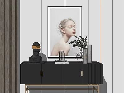Black Console Table With Gold Legs Sculpture Picture Frame Vase Green Plant And Hanging Portrait 3d model