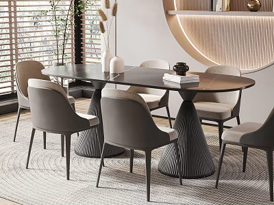 Modern Dining Table Set With Black Tabletop Conical Base And Gray Chairs 3d model