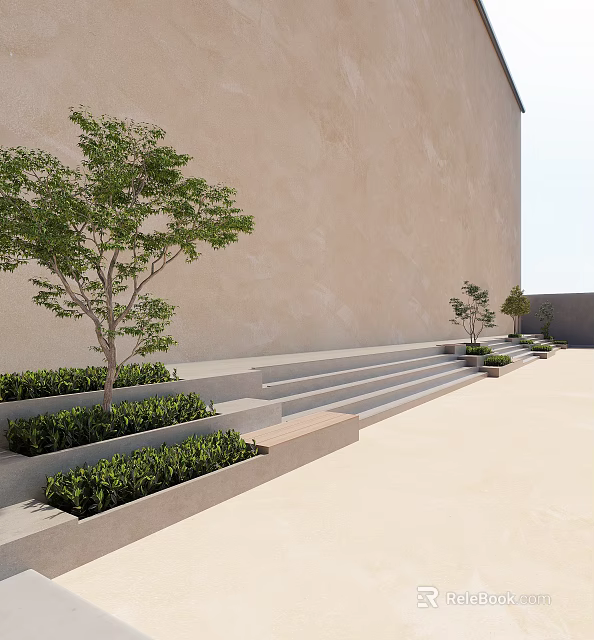 Outdoor Concrete Stairs With Beige Wall Green Shrubs And Trees 3d model 