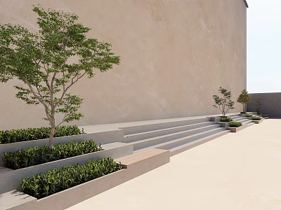 Outdoor Concrete Stairs With Beige Wall Green Shrubs And Trees 3d model