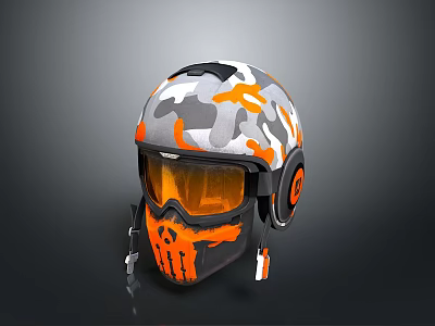Tactical Weapon Helmet With Camouflage Gray White Orange Design Skull Face Mask And Orange Goggles 3d model