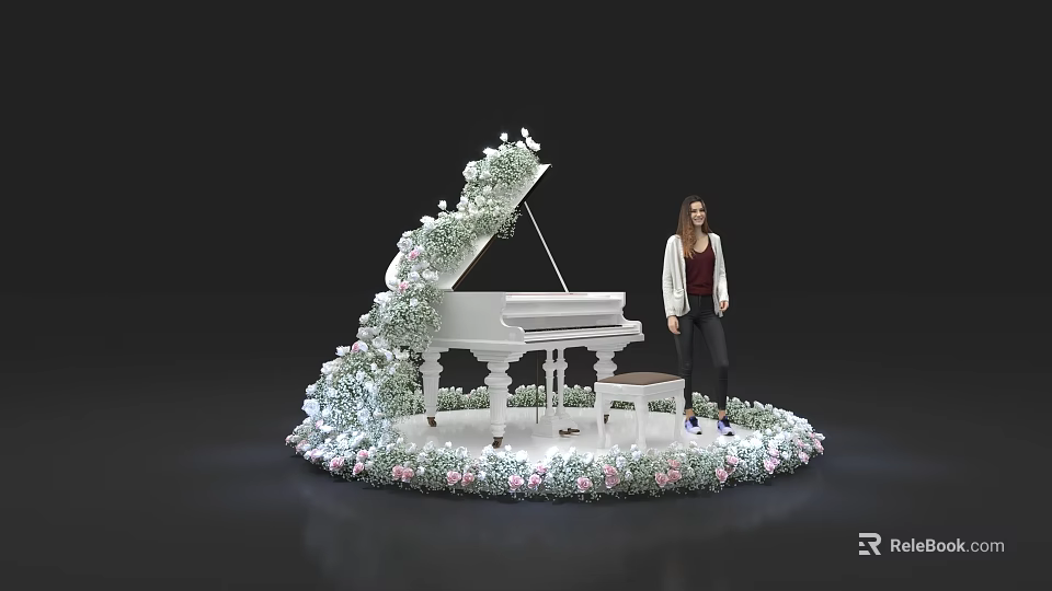Stunning Floral Installation Featuring White Piano Surrounded By Flowers Greenery And Woman 3d model 