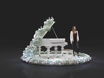 Stunning Floral Installation Featuring White Piano Surrounded By Flowers Greenery And Woman 3d model