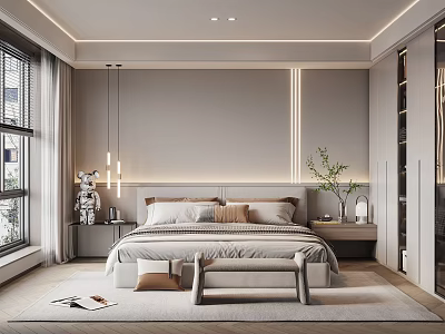 Modern Bedroom Interior Design With Neutral Tones Bedhead LED Strip Lighting Nightstands And Bench 3d model