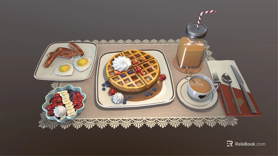 Delicious Breakfast Spread Featuring Waffle Bacon Fried Egg Fresh Berries Ice Cream Coffee And Milkshake 3d model 
