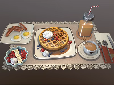 Delicious Breakfast Spread Featuring Waffle Bacon Fried Egg Fresh Berries Ice Cream Coffee And Milkshake 3d model