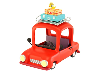Red Toy Car with Suitcases and Yellow Duck Toy on Roof 3d model