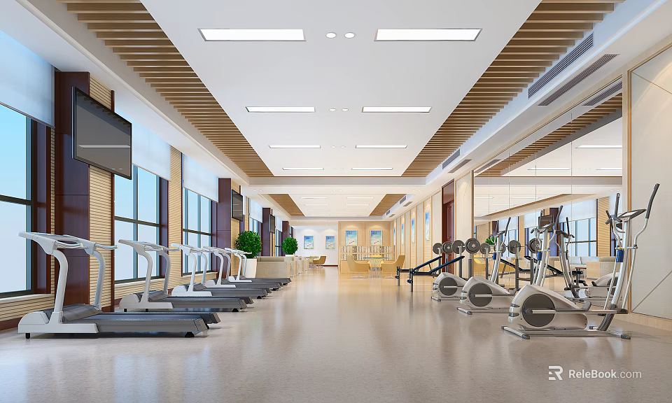 Spacious Modern Gym Interior With Treadmills Elliptical Machines Bright Windows And TV Screens 3d model 
