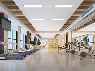 Spacious Modern Gym Interior With Treadmills Elliptical Machines Bright Windows And TV Screens 3d model