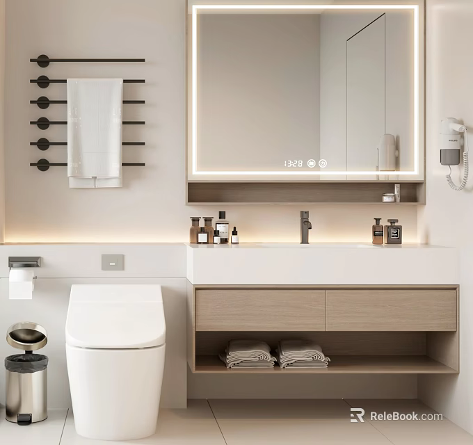 Modern Bathroom Cabinet With Lighted Mirror Towel Rack Toilet And Towels 3d model 