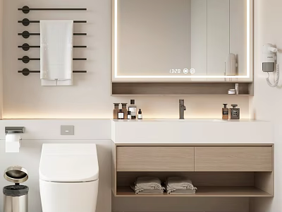 Modern Bathroom Cabinet With Lighted Mirror Towel Rack Toilet And Towels 3d model