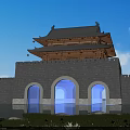 Ancient City Gate With Traditional Watchtower And Water Area Featuring Lotus Flowers