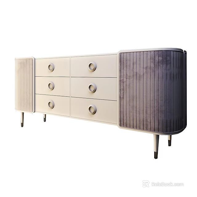 Modern Dresser with Multiple Drawers Ribbed Velvet Panel and Metal Legs 3d model 