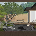 Japanese Style Garden Courtyard With Stepping Stones Lanterns Bamboo Screen And Wicker Chairs