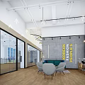 Public Office Space With Spacious Layout Wooden Flooring Ceiling Lights And Glass Partitions