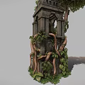 Ancient Stone Brick Tower Architecture With Arched Window Surrounded by Vines and Trees 3d model
