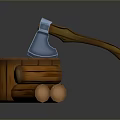 Wooden Stump With Blue Axe And Chopping Blocks On Gray Background