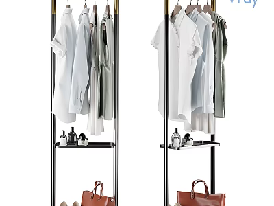 Stylish Clothes Display On Hangers With Metal Racks And Leather Bags 3d model