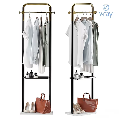 Stylish Clothes Display On Hangers With Metal Racks And Leather Bags 3d model