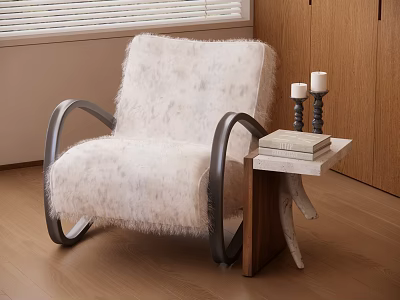 Plush White Fur Leisure Chair with Black Metal Curved Arms and Wooden Side Table Candles and Books 3d model