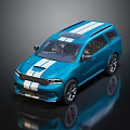 Blue Sporty SUV With White Stripes Sleek Exterior And Alloy Wheels