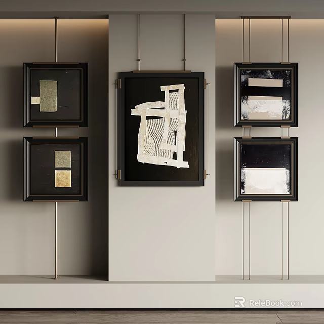 Modern Artworks Hanging on Light Colored Wall With Black Frames and Central Larger Piece 3d model 