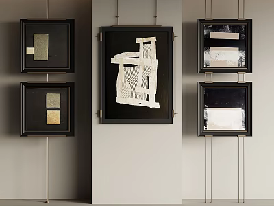 Modern Artworks Hanging on Light Colored Wall With Black Frames and Central Larger Piece 3d model