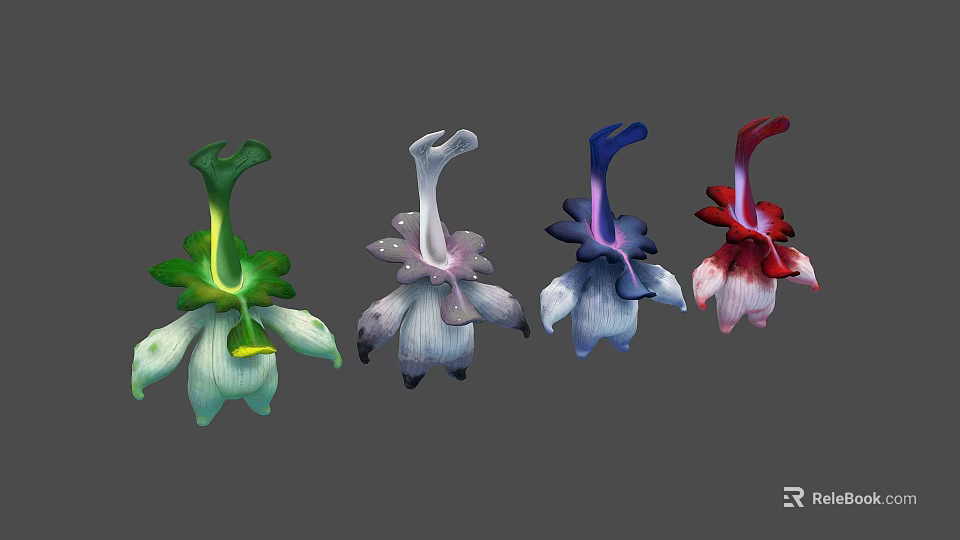Colorful Unique Shaped Flowers with Green Pink Blue Red Petals and Artistic Design 3d model 