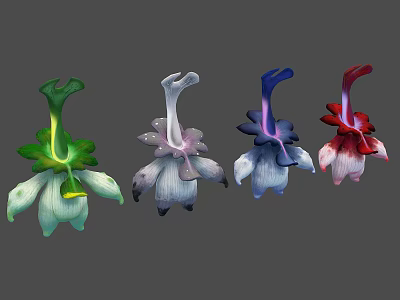 Colorful Unique Shaped Flowers with Green Pink Blue Red Petals and Artistic Design 3d model