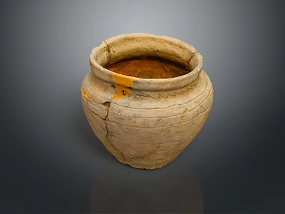 Traditional Handcrafted Ceramic Sculpture Featuring Textured Surface Crackled Design And Orange Accents 3d model