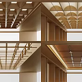 Modern Ceiling Design With Wooden Geometric Grid And Recessed Lighting Features