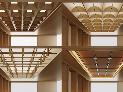Modern Ceiling Design With Wooden Geometric Grid And Recessed Lighting Features 3d model