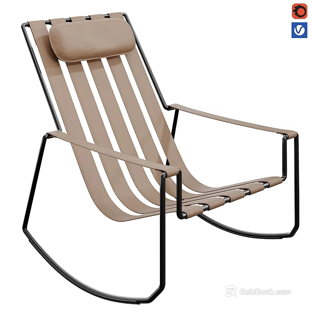 Modern Leisure Chair with Brown Striped Seat Black Metal Frame Armrests and Cushion 3d model 