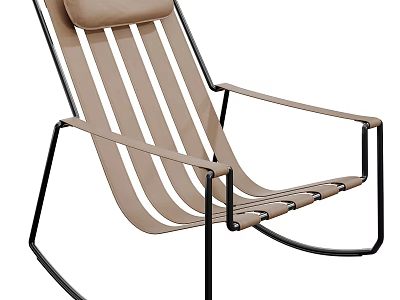 Modern Leisure Chair with Brown Striped Seat Black Metal Frame Armrests and Cushion 3d model