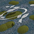 Modern Unique Landscape Bridge Over Water With Leaf Shaped Canopies And Tree Islands